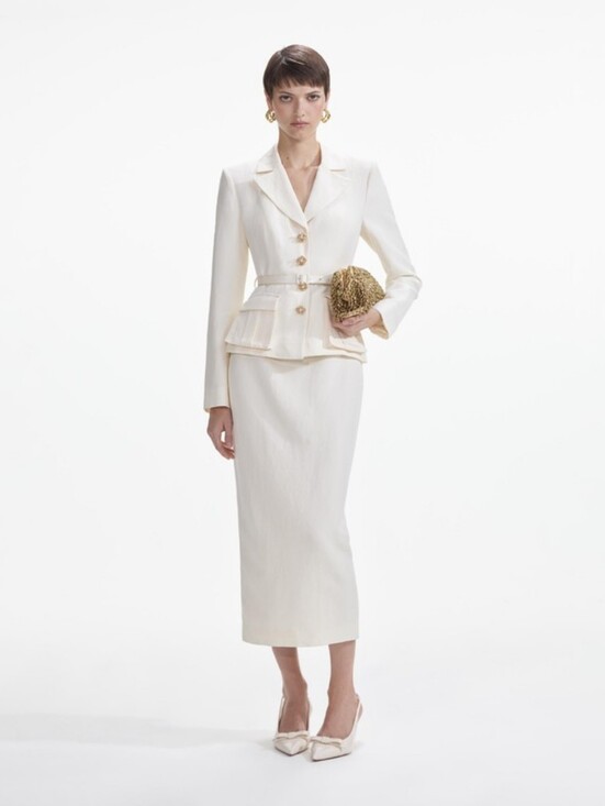self portrait cream linen midi dress self-portrait Linen Peplum Midi Dress in Cream